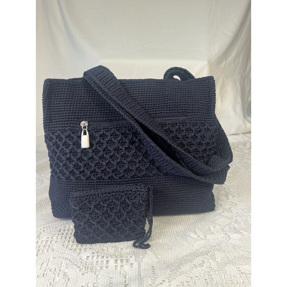 Worthington Navy Crocheted Shoulder Bag w/ Matching Wristlet Zip Pouch